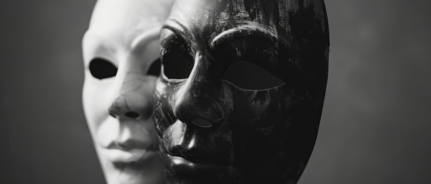 A black and white dramatic photograph of two masks, one white and one black, juxtaposed against a dark background, evoking themes of duality and contrast.