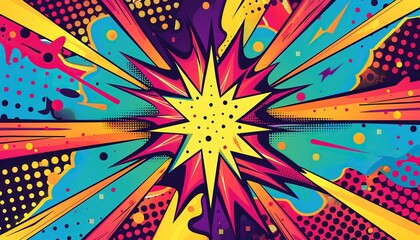 Fototapeta premium Pop Art-Style Background with Bright Colors, Bold Lines, Lightning Bolts, and Comic-Style Dots Radiating from an Explosion-Shaped Star