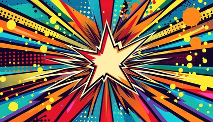 Fototapeta premium Pop Art-Style Background with Bright Colors, Bold Lines, Lightning Bolts, and Comic-Style Dots Radiating from an Explosion-Shaped Star
