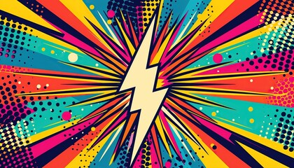 Fototapeta premium Pop Art-Style Background with Bright Colors, Bold Lines, Lightning Bolts, and Comic-Style Dots Radiating from an Explosion-Shaped Star