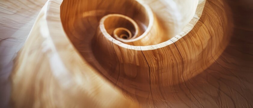 An intricately detailed spiral wooden staircase captures light and shadow, creating an abstract and artistic scene with flowing lines and natural texture.