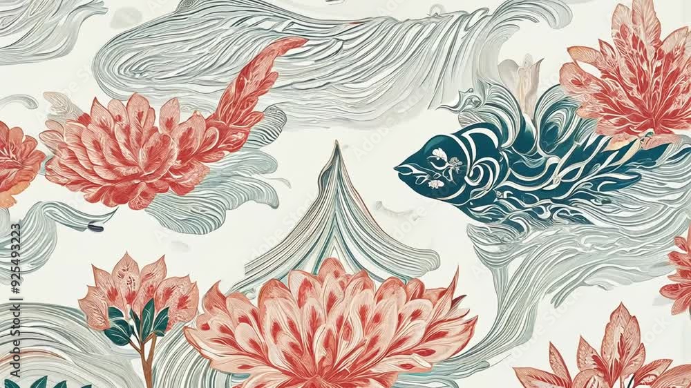 Aufkleber japanese art pattern featuring flowing waves and koi fish elements generative ai