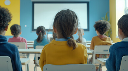 Obraz premium Classroom setting in elementary school. Students seated in classroom, small boys and girls. Picture taken from back. Concept of going back to school, learning process, teaching moment.