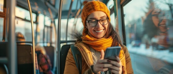 Obraz premium A cheerful young woman in winter clothes enjoys using her phone while riding a bus, capturing a cozy and modern commuting experience.
