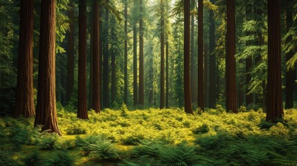 Obraz premium A fern-green forest with trees towering high into the sky and a carpet of grass covering the forest floor