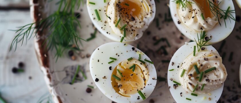 Halved hard-boiled eggs garnished with herbs and spices sit ready to be savored, atop a rustic wooden table.