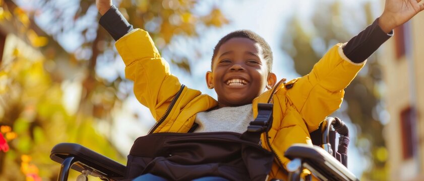 A joyful child in a wheelchair raises their arms in triumph, embracing a sunny day, symbolizing freedom and happiness.