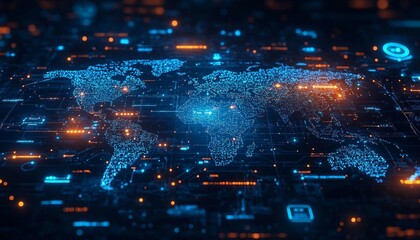 Obraz premium Building an Interconnected World: Advanced Network Solutions for Global Connectivity, background features digital overlays and real-time data transmission