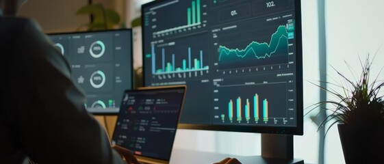 A person working intently on a laptop with multiple monitor displays showing various data charts and analytics in a modern office.