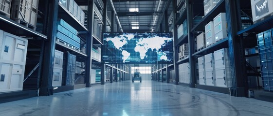 A spacious, modern warehouse with a glowing world map display on an electronic screen, emphasizing global logistics and technology-driven storage solutions.