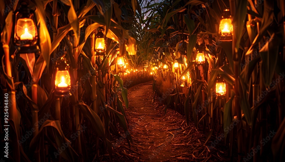 Poster a mystical path through a cornfield illuminated by glowing lanterns at dusk, creating a magical and 