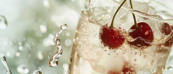 Two cherries floating in a bubbly, refreshing drink with ice cubes amidst splashing water droplets.