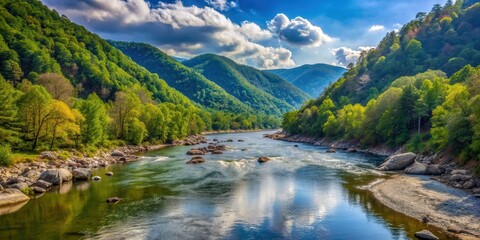 Scenic view of Nolichucky River flowing through mountainous terrain, river, water, nature, landscape, outdoor