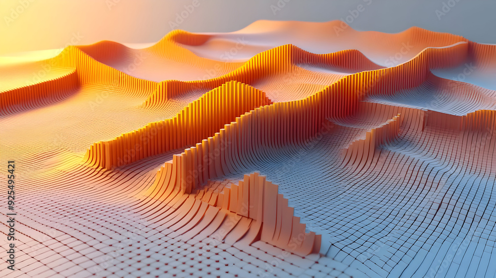 Poster abstract landscape with wavy patterns in gradient colors creating a 3d effect.