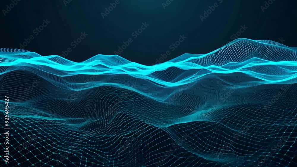 Poster dynamic blue hexagon wave of particles and lines visualizing data generative ai