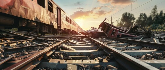 A dramatic scene of a derailed train at sunset, with twisted tracks and wreckage signifying chaos against the beauty of the golden hour.