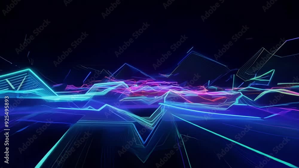 Poster a digital landscape of neon lights and abstract shapes creating a sense of movement and energy in a 
