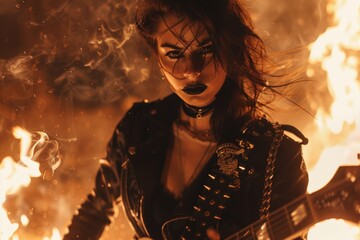 Heavy metal, biker girl with chains and spikes, ferocious expression, powerful female rock star, black leather, dressed in black leather jacket and torn jeans