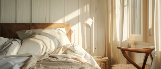 Soft morning light filters through white curtains onto a cozy, unmade bed in a charming, serene bedroom.