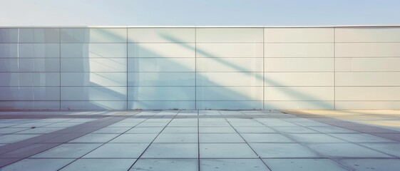Obraz premium A minimalist architectural scene with clean lines, a vast plaza, and sleek, modern walls bathed in soft natural light, emphasizing simplicity and openness.