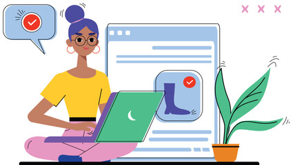 Illustration of a woman using a laptop with online shopping interface, representing e-commerce, digital retail, and product selection.

