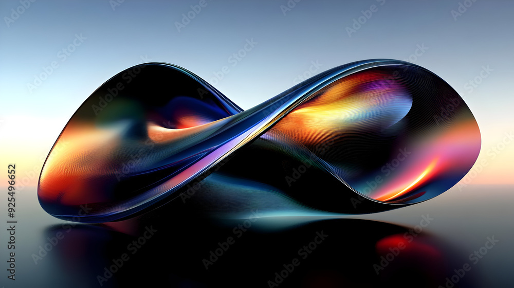 Poster abstract metallic shape with iridescent colors and a smooth surface against a blue gradient backgrou