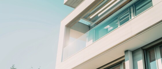 Fototapeta premium A contemporary building with large glass windows and sunlit balconies, showcasing modern architectural design.
