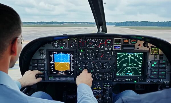 Team of diverse captain and copilot preparing to takeoff with airplane, pushing navigation buttons on dashboard command. Flying aircraft jet with power engine, using control panel. Handheld shot.