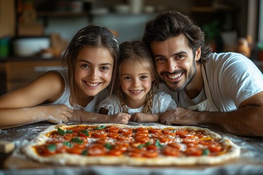 Family has fun making homemade pepperoni pizza in a cozy kitchen setting - Powered by Adobe