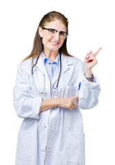 Middle age mature doctor woman wearing medical coat over isolated background with a big smile on face, pointing with hand and finger to the side looking at the camera.