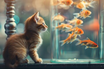 little red kitten watching golden fish in tank in cosy hugge house, follow your dream concept