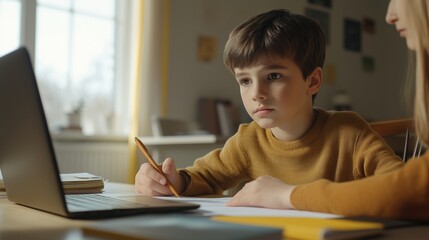 A boy is sitting at the table and doing homework with a laptop.