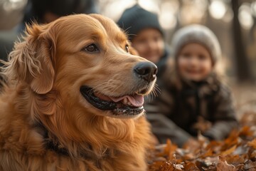 Golden retriever plays with children in autumn leaves at a park in the afternoon