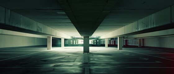 Symmetrical underground parking garage with dramatic lighting and reflections, evoking an urban, mysterious ambiance.