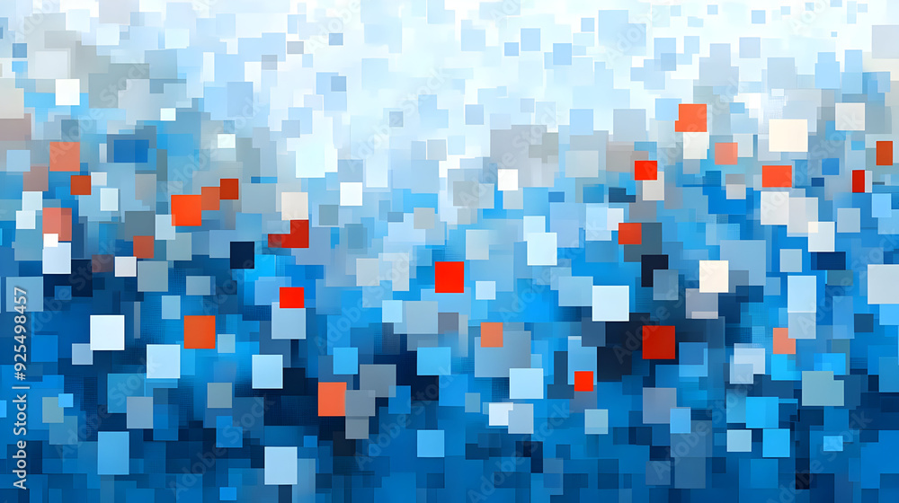 Poster abstract pixelated image with shades of blue and hints of red, creating a vibrant visual effect.