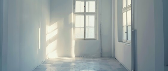 Obraz premium A serene, unfurnished room bathed in soft natural light coming through tall windows, evoking calmness and simplicity.