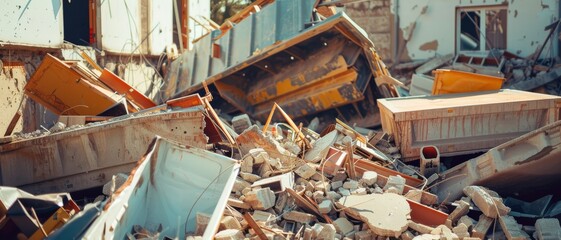 An area filled with wreckage from a demolished building, showcasing chaos and the aftermath of destruction.