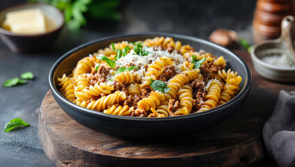 Fototapeta premium A bowl of creamy ground beef spiral pasta