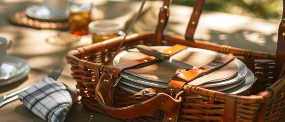 A neatly packed picnic basket on a table under dappled sunlight, ready for an alfresco meal in a picturesque setting.