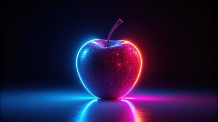 Futuristic glowing neon apple fruit on dark background, Neon, futuristic, glowing, apple, fruit, technology, vibrant