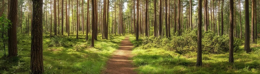 Fototapeta premium A serene pathway winding through a dense, sunlit forest with tall trees and lush green undergrowth.
