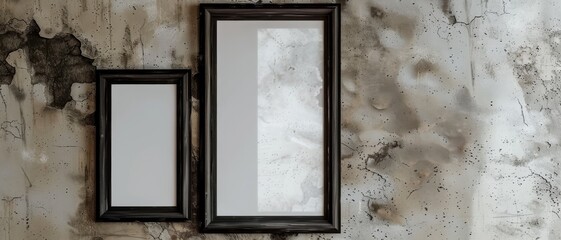 Fototapeta premium Two black-framed empty picture frames hang on an aged, textured wall, hinting at a contrast between elegance and decay.