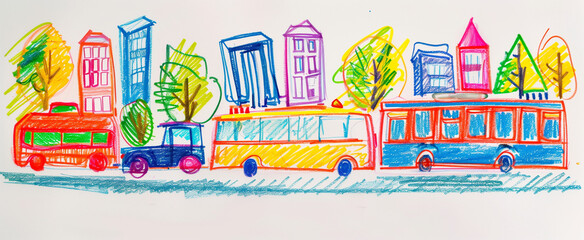 childs crayon drawing of public transport, scribble marks and pencil marks visible on white paper background	