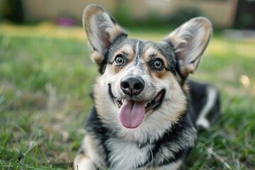 medium-sized dog on lawn. green grass, ears raised, tongue out, morning dawn