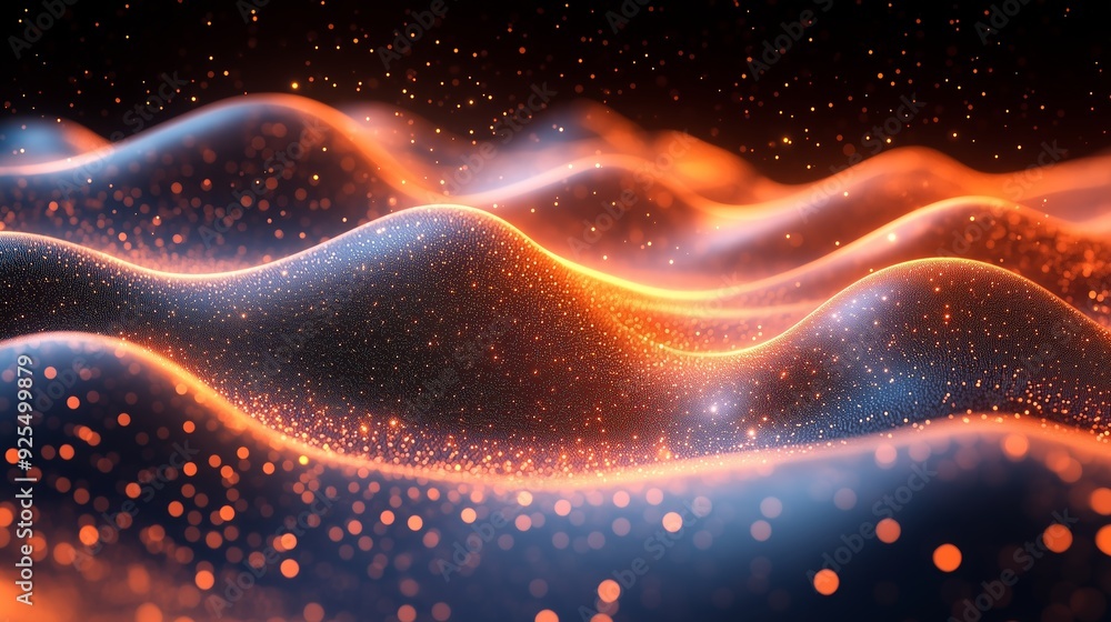 Poster abstract waves of glowing particles create a mesmerizing visual effect in a dark space environment