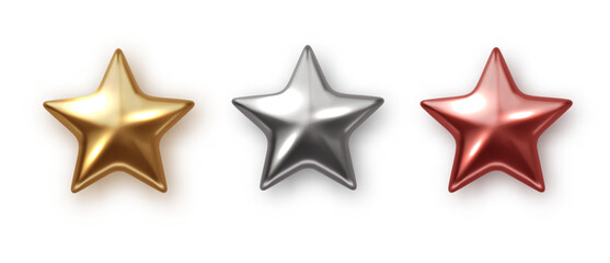 Golden, silver and bronze stars realistic PNG. Trophy star icon. Symbol of leadership. Christmas design