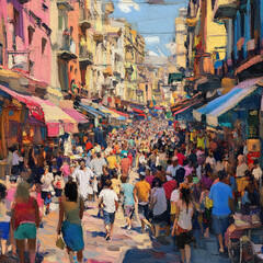 Obraz premium Art, busy urban street, digital painting, daytime, bustling, diverse crowd, vibrant colors, detailed storefronts, dynamic composition