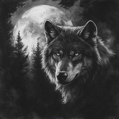 Art wolf, charcoal pencils, moonlight, fierce and mysterious, bold contrasts, forest background