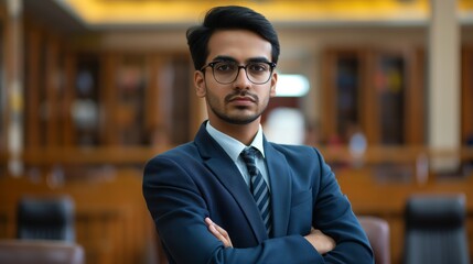 Fototapeta premium A confident young man in a suit stands with his arms crossed, radiating elegance and power in what appears to be a formal or academic setting.