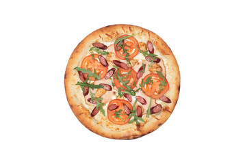 Pizza with mozzarella cheese, fresh tomatoes, bayern sausages, ham and fresh arugula salad isolated over white background. Top view. Copy space